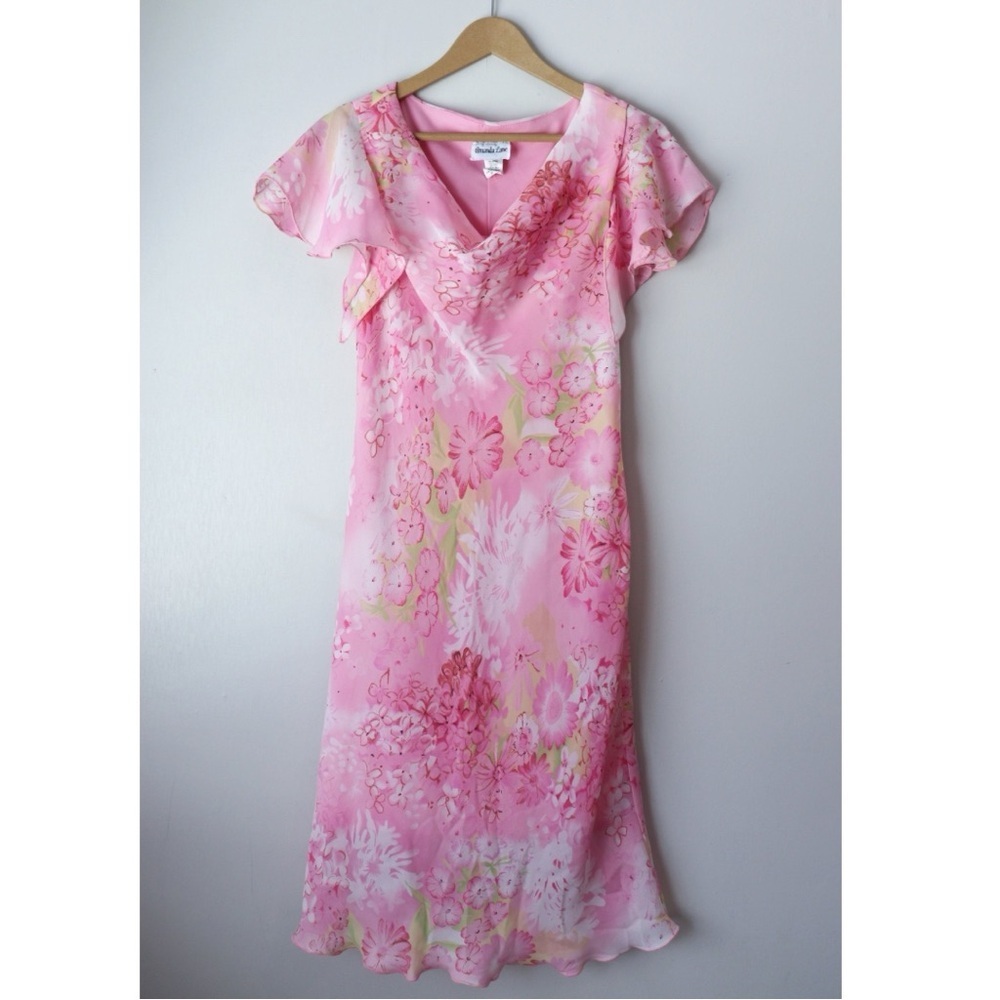 Vintage 90's Y2K Floral Print Flutter Sleeve Cowl Neck Midi Dress